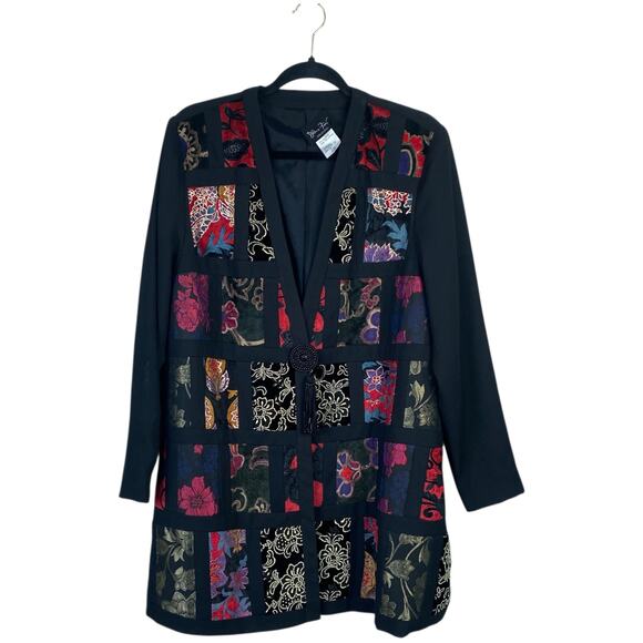 Vintage DIANE FREIS Patchwork Collage Black Jacket Size Large Blazer Art to Wear - Picture 1 of 5